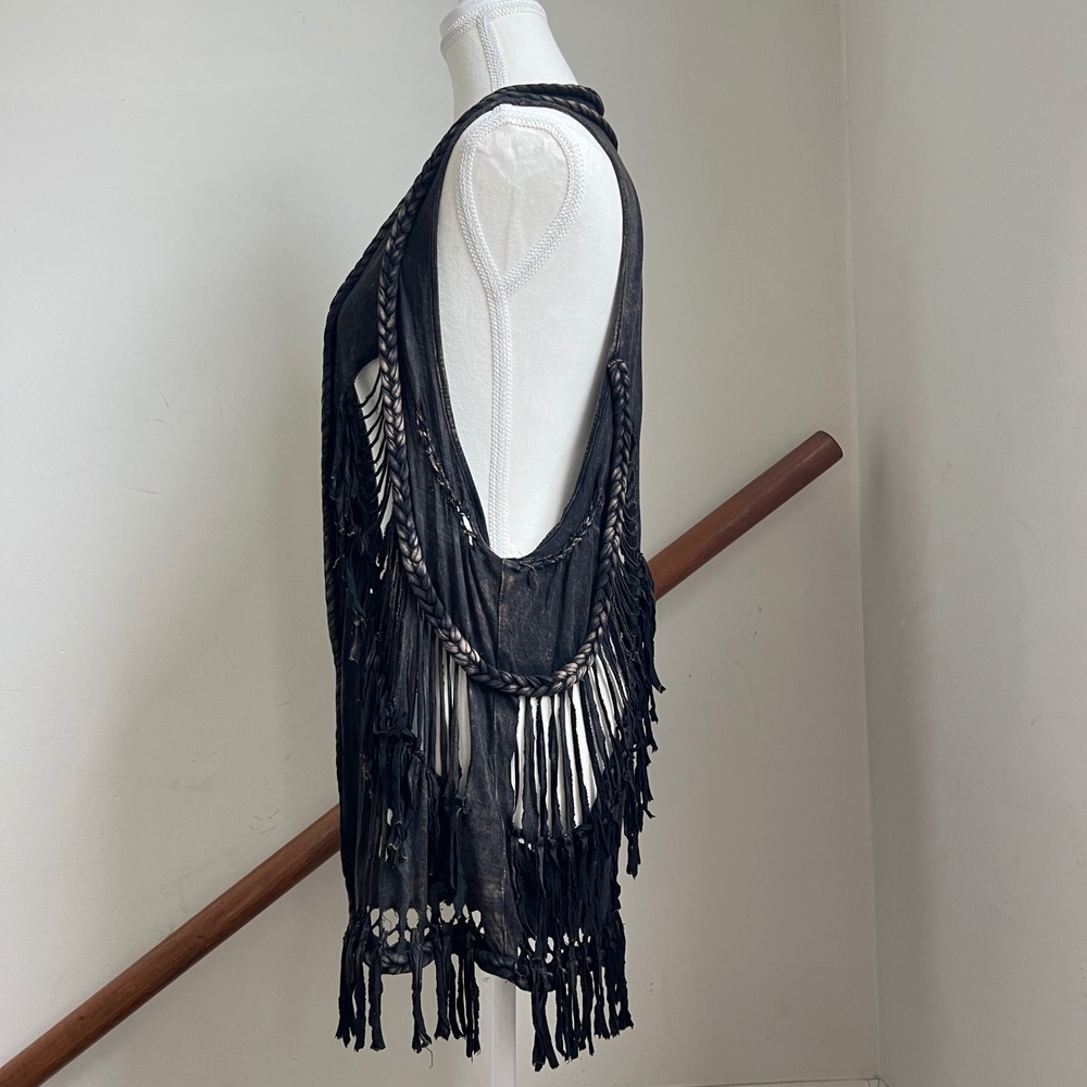 Rock & Roll Cowgirl Vest Large Black Braided Fringe Western Boho Edgy Festival - Picture 3 of 15